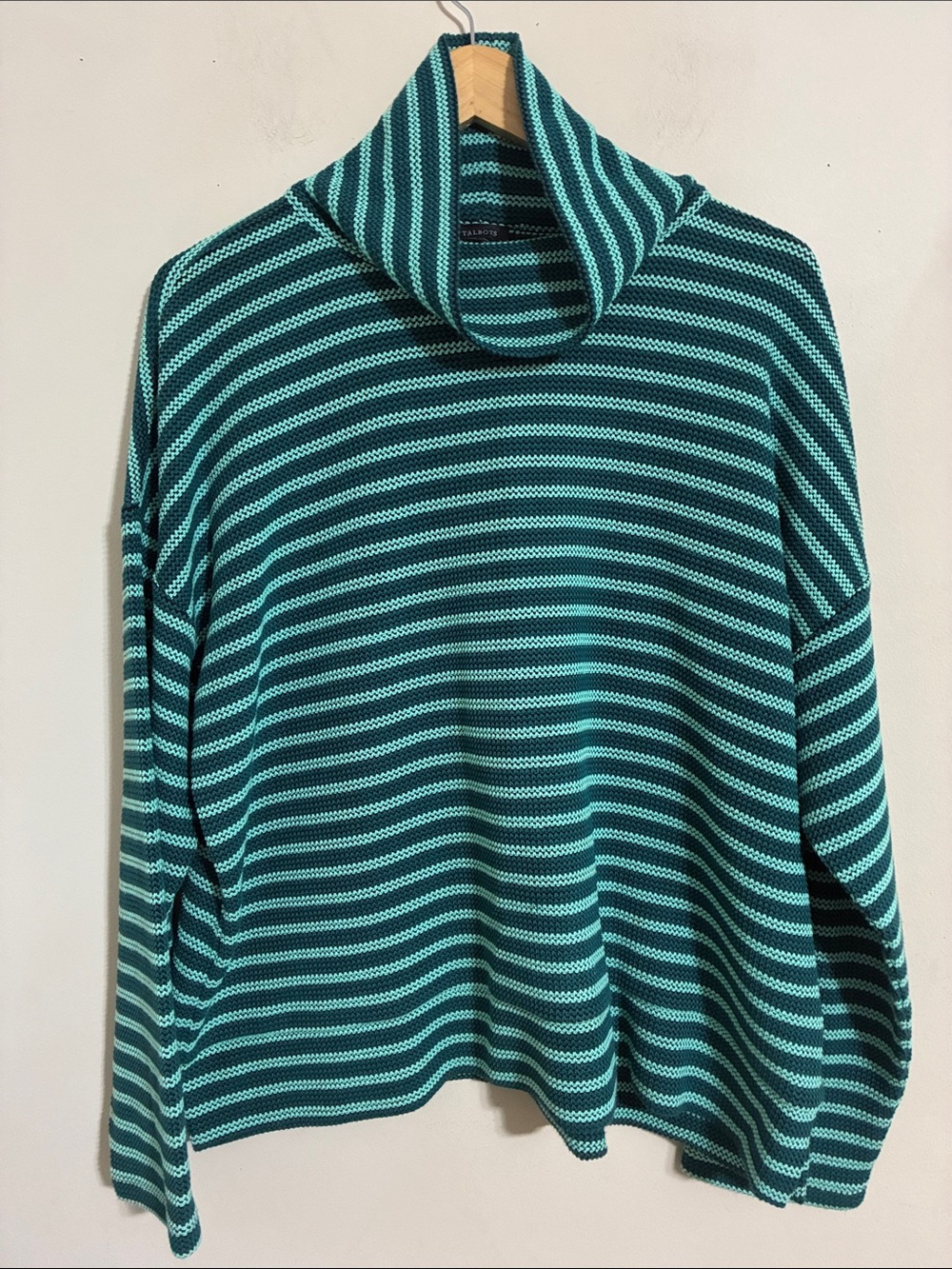 Talbots Teal Aqua Striped Cowl Neck Woven Sweater XL Casual Coastal Athleisure